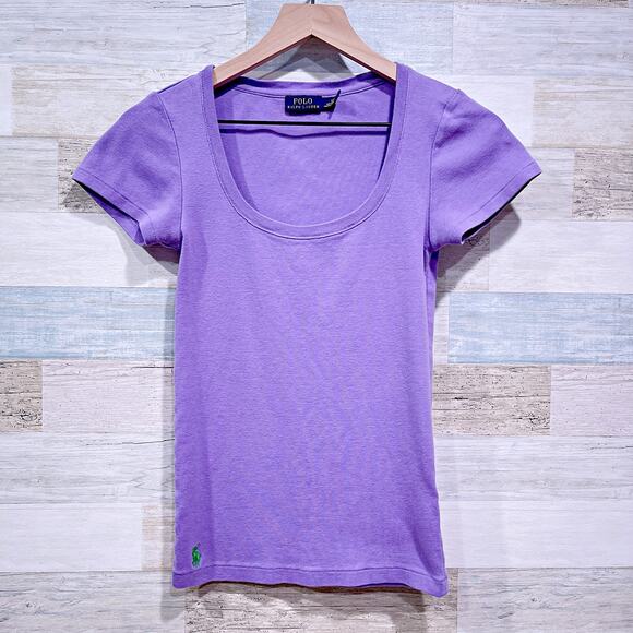 POLO Ralph Lauren Scoop Neck Fitted Tee Purple Cotton Jersey Casual Womens Small - Picture 1 of 7